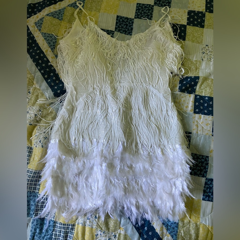 White Sequin & Feather Flapper Dress
